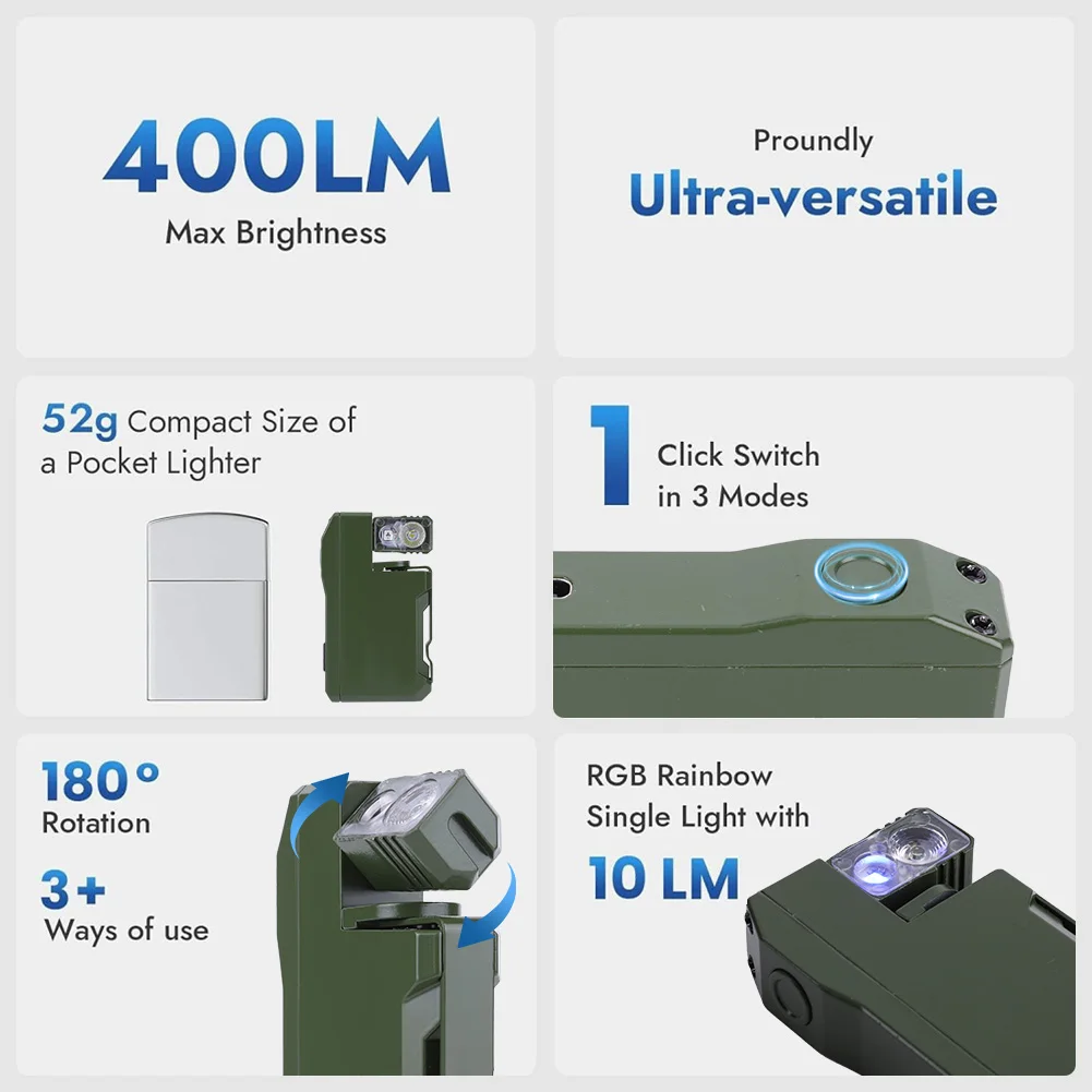 400LM Pocket Torch Rechargeable LED Keychain Light for Outdoor Camping (Green)