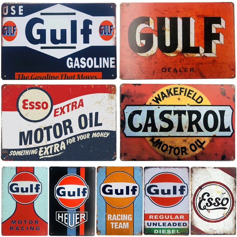 Vintage Retro Metal Tin Signs Garage Esso Castrol Gulf Motor Oil Plate Art Poster Per La Stazione Di Servizio Garage Pub Bar Wall Decor Pla