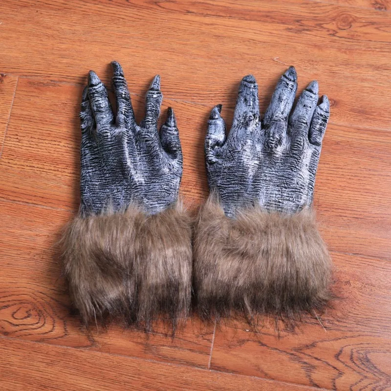 Halloween Werewolf Gloves Ghost Festival Horror Wolf Claw Set Long Hair Beast Gloves Simulated Black Wolf Gloves