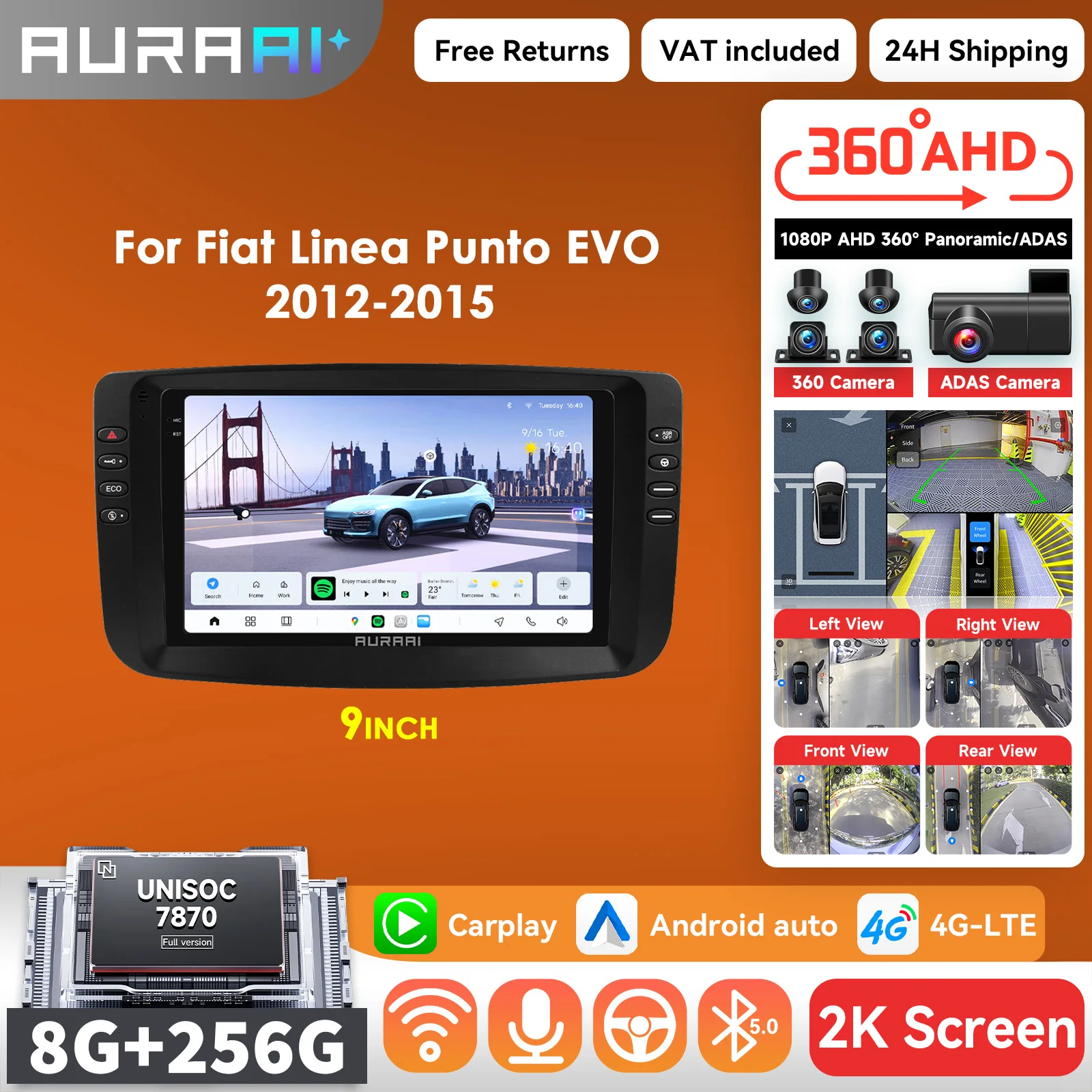 AURAAI Carplay Android Auto Intelligente Bildschirm Für Fiat Linea Punto EVO 2012-2015 multimedia-player ADAS 360 Cam GPS Autoradio