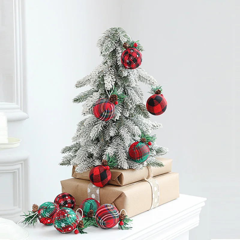 12/24Pcs Red Green Plaid Christmas Balls With Pine Cone Xmas Tree Hanging Foam Pendant Christmas Decorations Navidad New Year