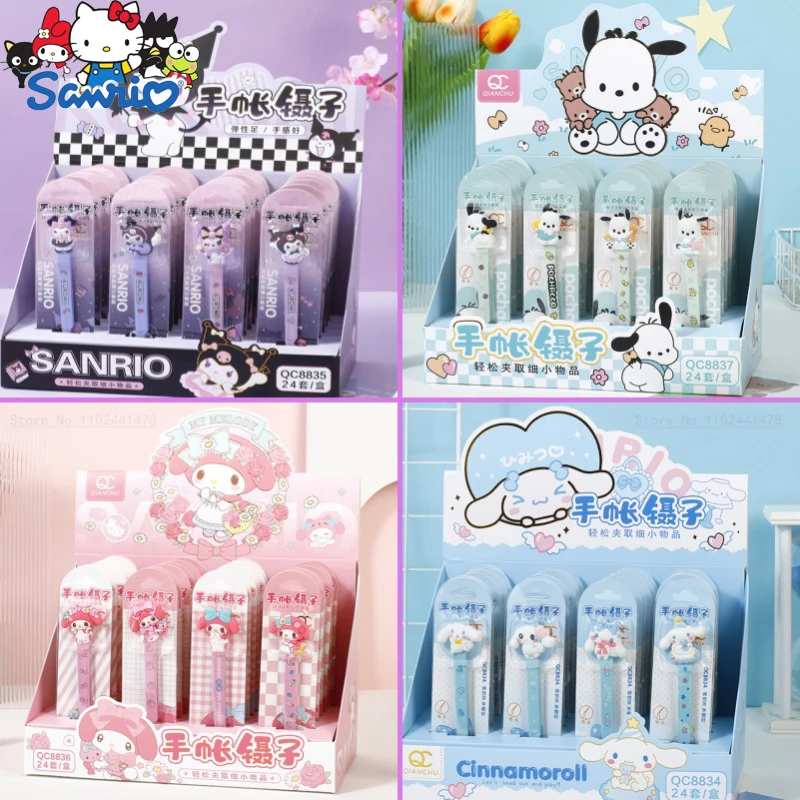 

24pcs/set Sanrio Cartoon Style Kuromi Melody Cinnamoroll Hand Account Tweezers Elbow Clamp Stationery Store Wholesale