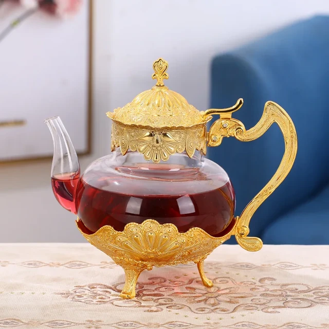 Qian Hu Set di teiere in vetro per teiera turca trasparente Vintage con  supporto in metallo dorato in stile arabo
