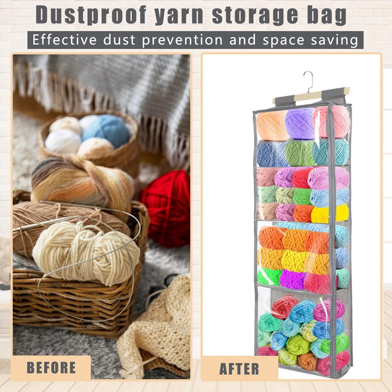 Hanging Yarn Storage with 4 Large Pockets Clear Knitting Organizer with Zippers Hanging Yarn Holder Hooks for Crochet Lover