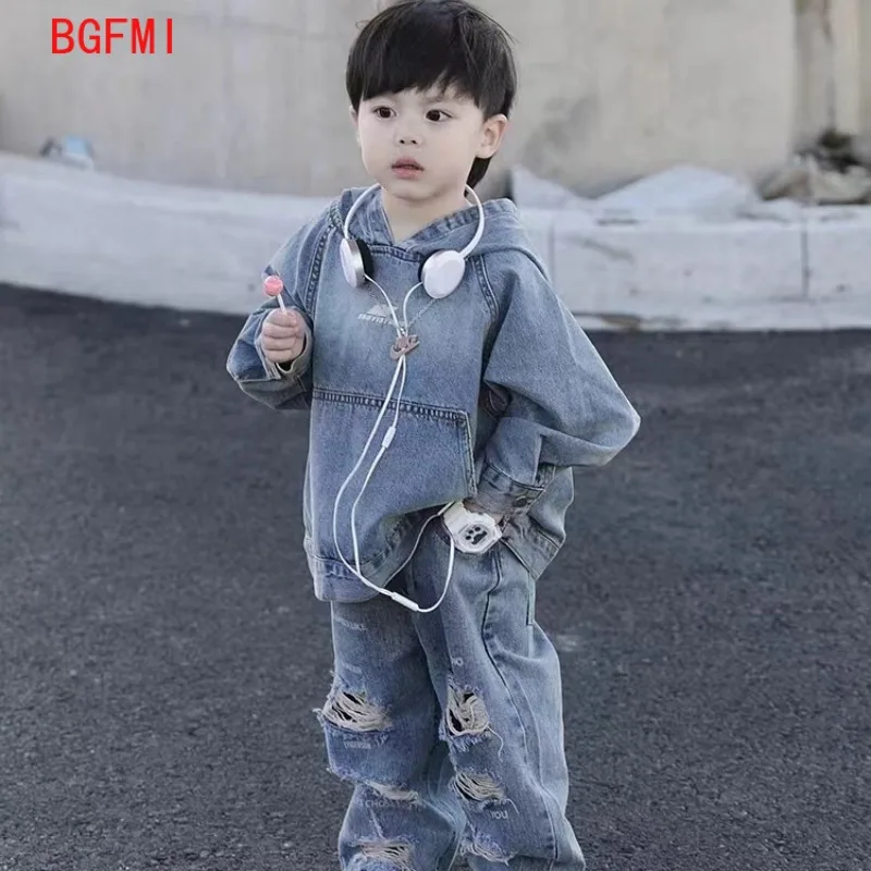 

Children's Clothing for Boy Denim Jacket Hoodies Jeans Autumn Spring Korea Vintage Hole Pants Children's Hooded Pullover Top