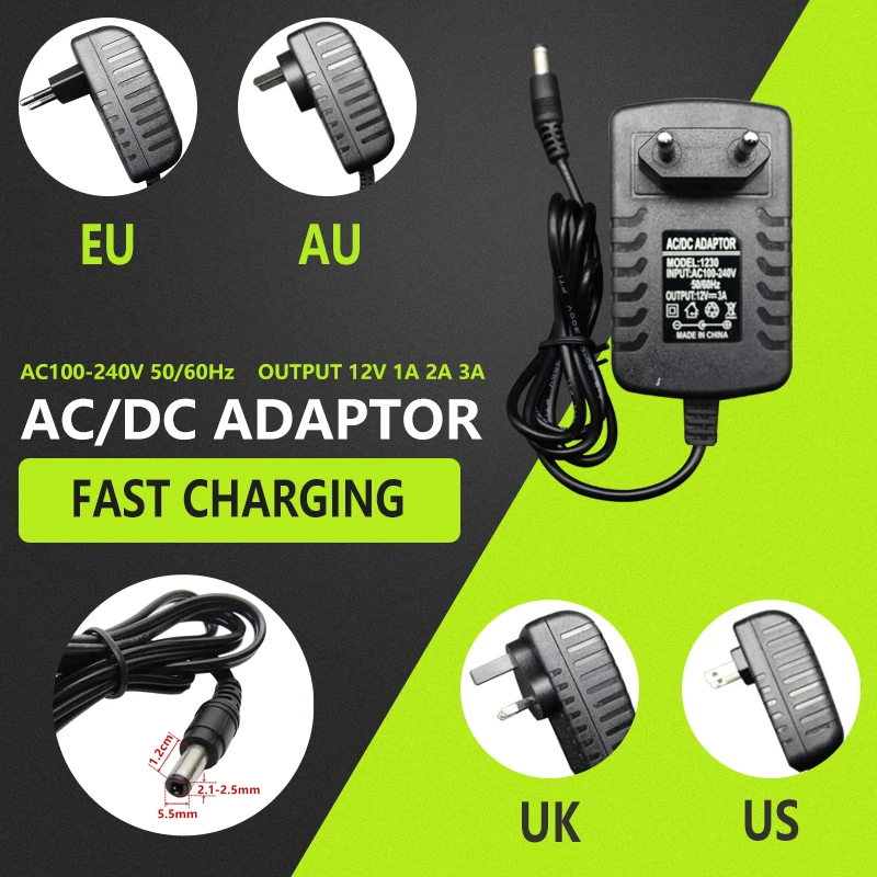 

Ac 100-240v Dc 12v 1A 2A 3A Universal Power Adapter Supply Charger Adaptor Uk Eu Au Us For Led Light Strips