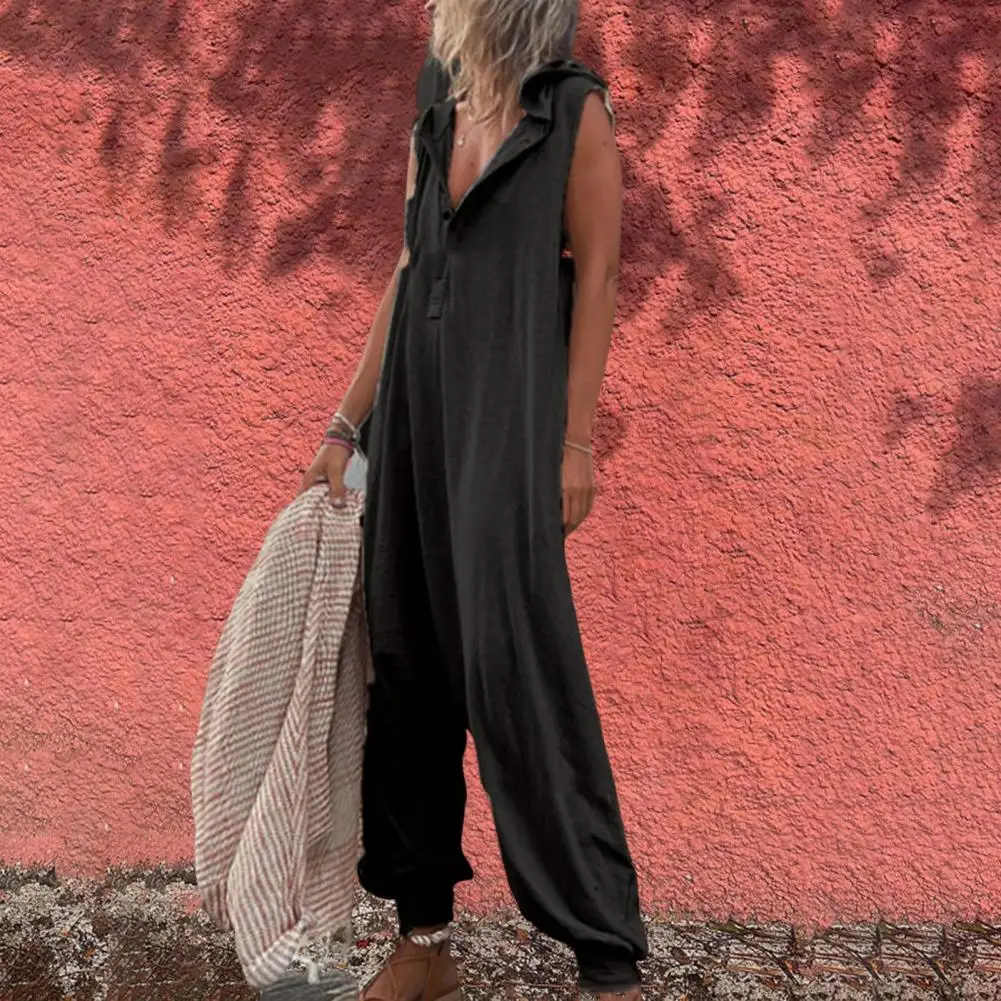 Women’s sleeveless cotton blend hooded jumpsuit with button closure in solid color black