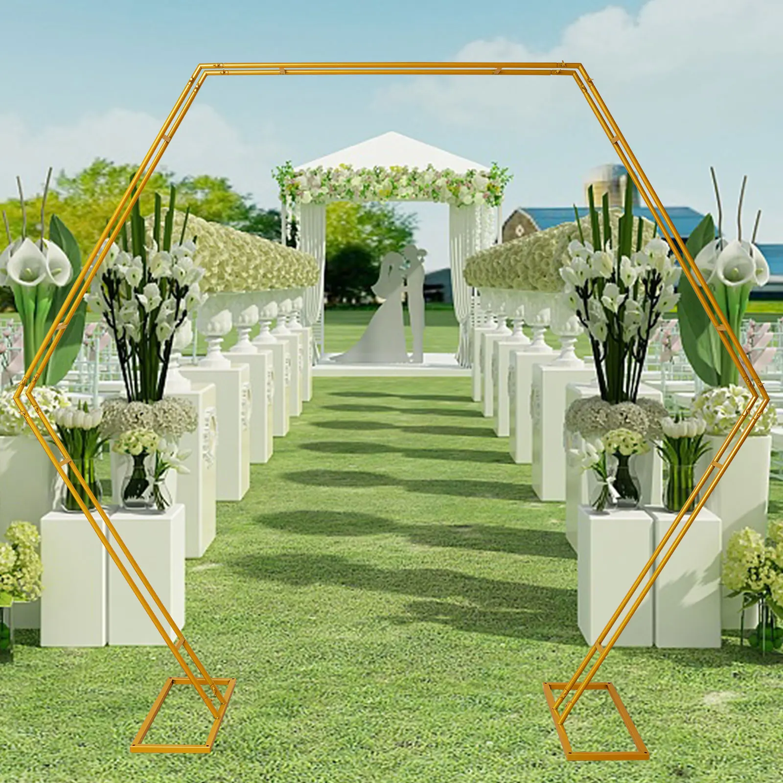 2.2M Large Golden Metal Wedding Arch Hexagon Backdrop Stand Flower Balloon Arch Frame Decor