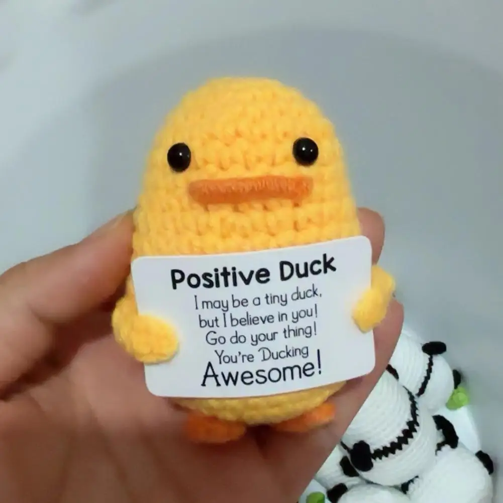 Positive Crochet Shark Doll with Encouraging Card Emotional Support Handmade Knitting Yellow Duck Animal Decoration Ornament Str
