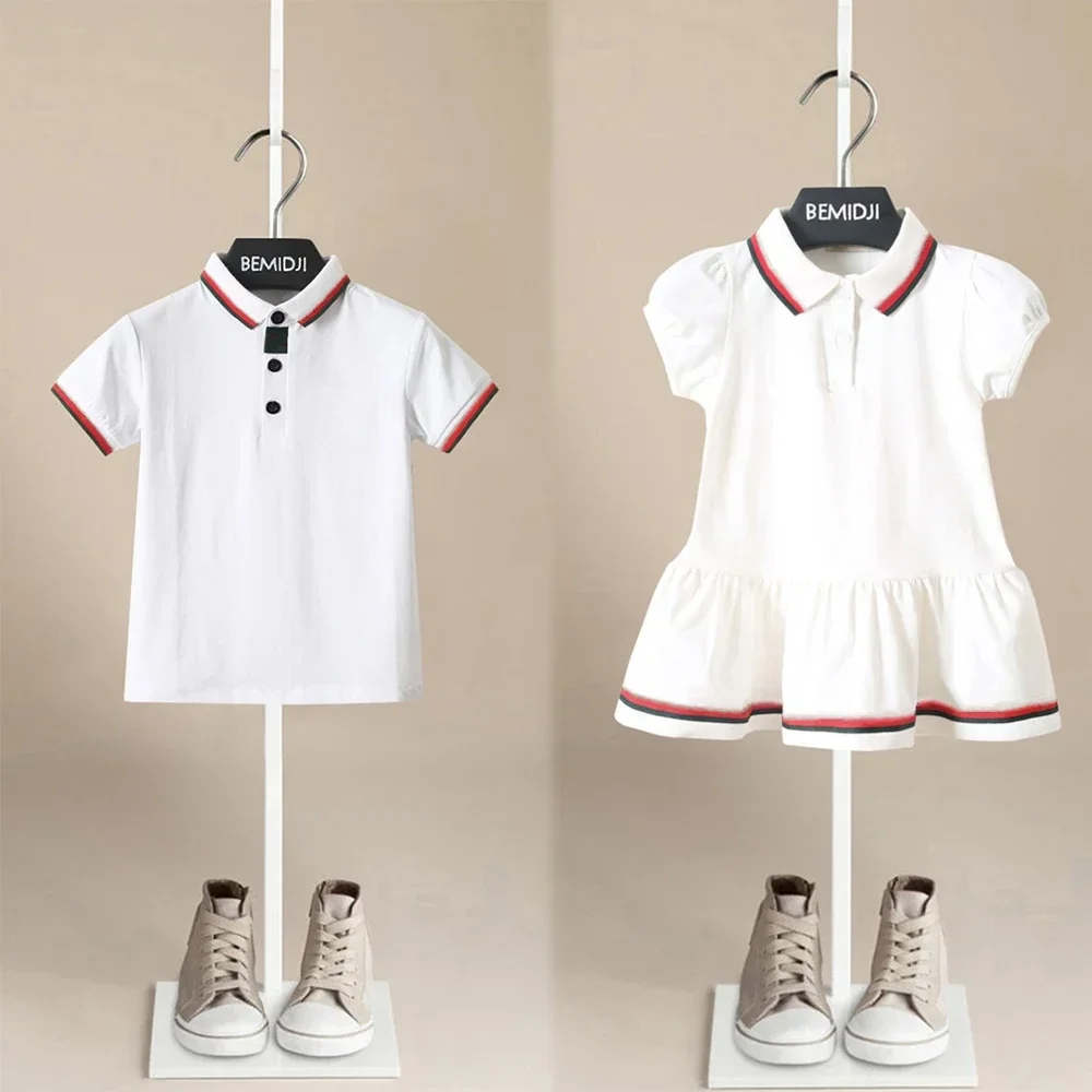 

Brother Sister Clothes 2024 Summer New White Cotton Girl's Dress or Boy's Polo Shirt Short Sleeve TopPiece Suit