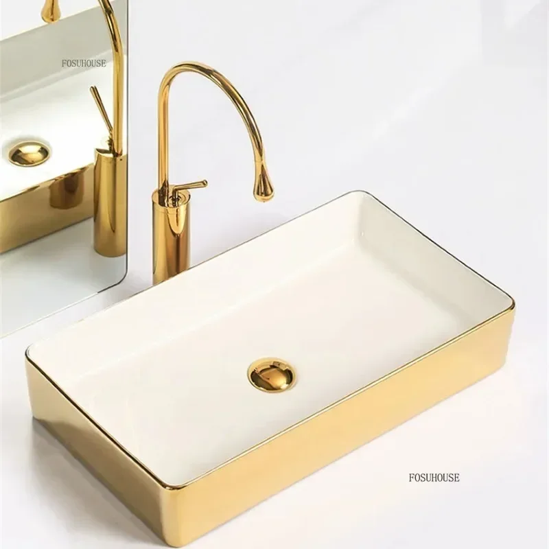 Luxury Gold Ceramic Tabletop Bathroom Sinks Home Hotel European Minimalist Household Washbasin Square Bathroom Wash Basins d 3