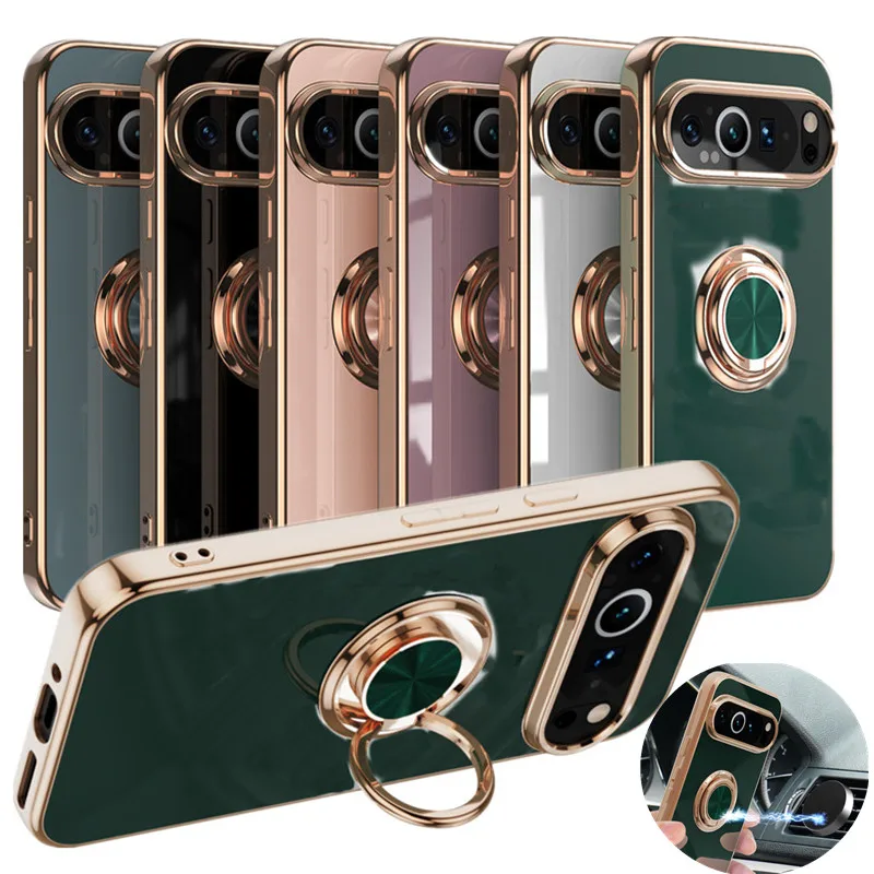 Flexible Shockproof Plating Ring Holder Phone Case with Stand and Back Shell Cover