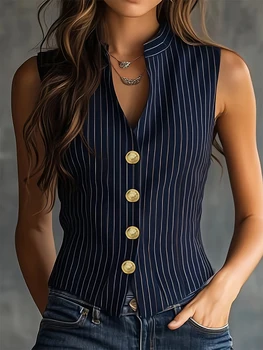 Women Vintage Casual Vertical Striped Sleeveless Stand Collar Waist Narrowing Button-Front Blouse Daily Commute Spring Summer 1