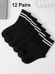 Women's Mid-Length Stockings Set in Black and White with Stylish Stripes and Sweat-Absorbing Feature - One Size (12 Pairs Black)