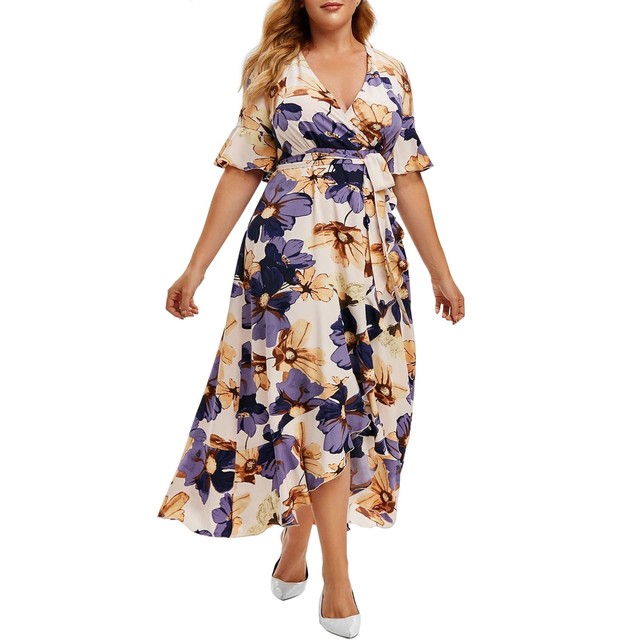 Plus Size Casual Boho Fashion Floral Print Maxi Summer Dress V-Neck Short Sleeve Irregular Ruffle Hem Belt Lacing Dress
