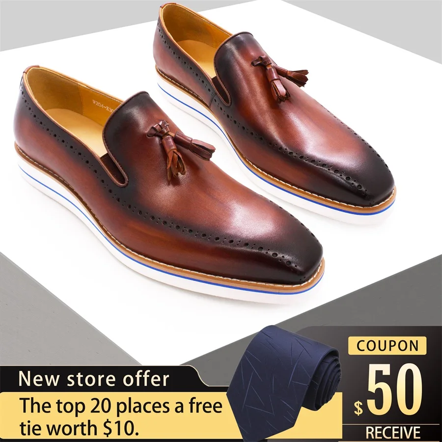 New style leather casual men's shoes luxury fashion flat tassel handmade shoes square toe loafers banquet men's dating shoes 1
