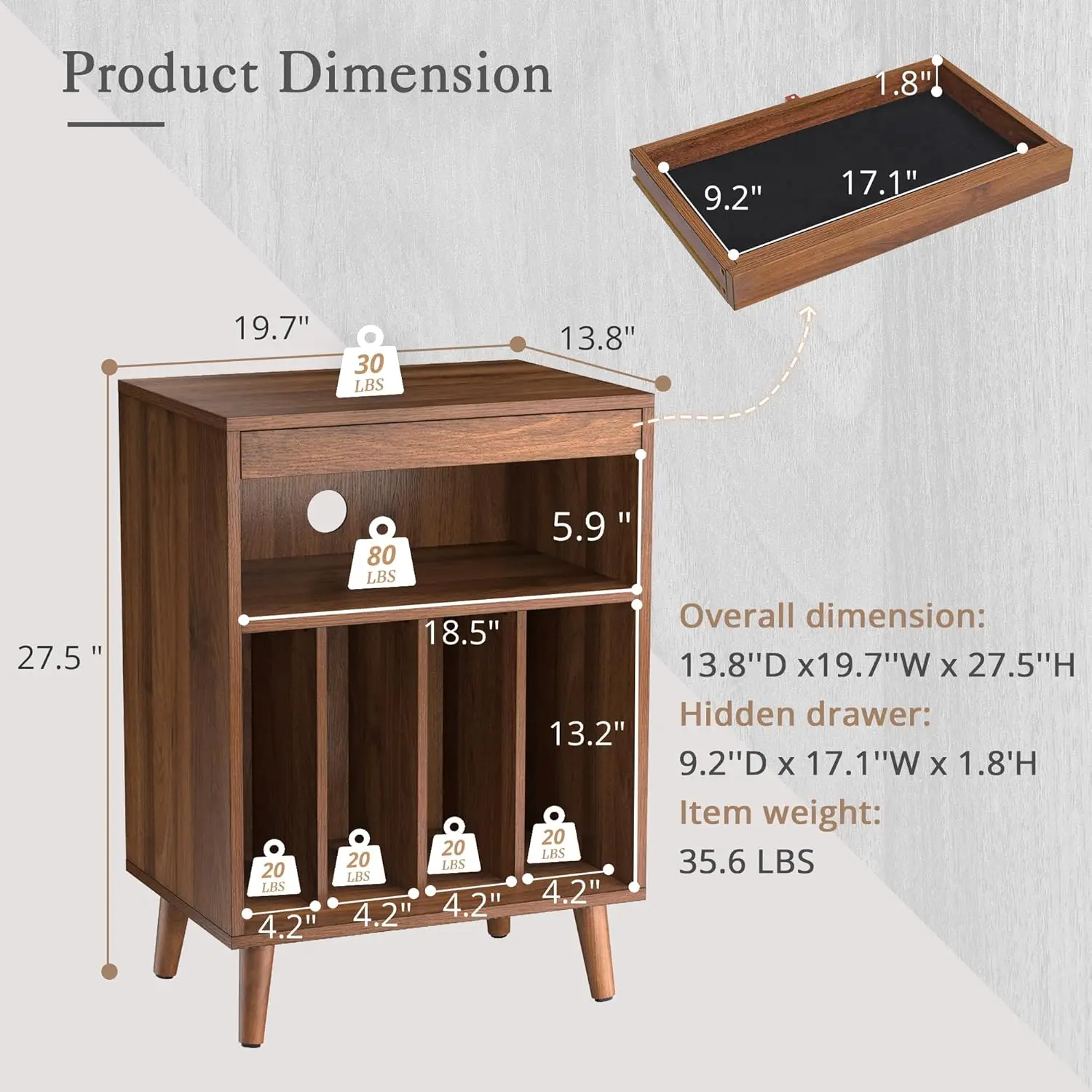 Comfort corner Walnut Turntables, Record Player Stand Table with Wood Legs, Concealment Furniture with Vinyl Storage