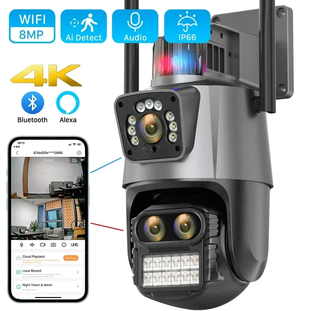 

4K 8MP WIFI Camera Outdoor 8X Zoom Three Lens Dual Screen Audio Home Security PTZ Camera Auto Tracking CCTV Video Surveillance