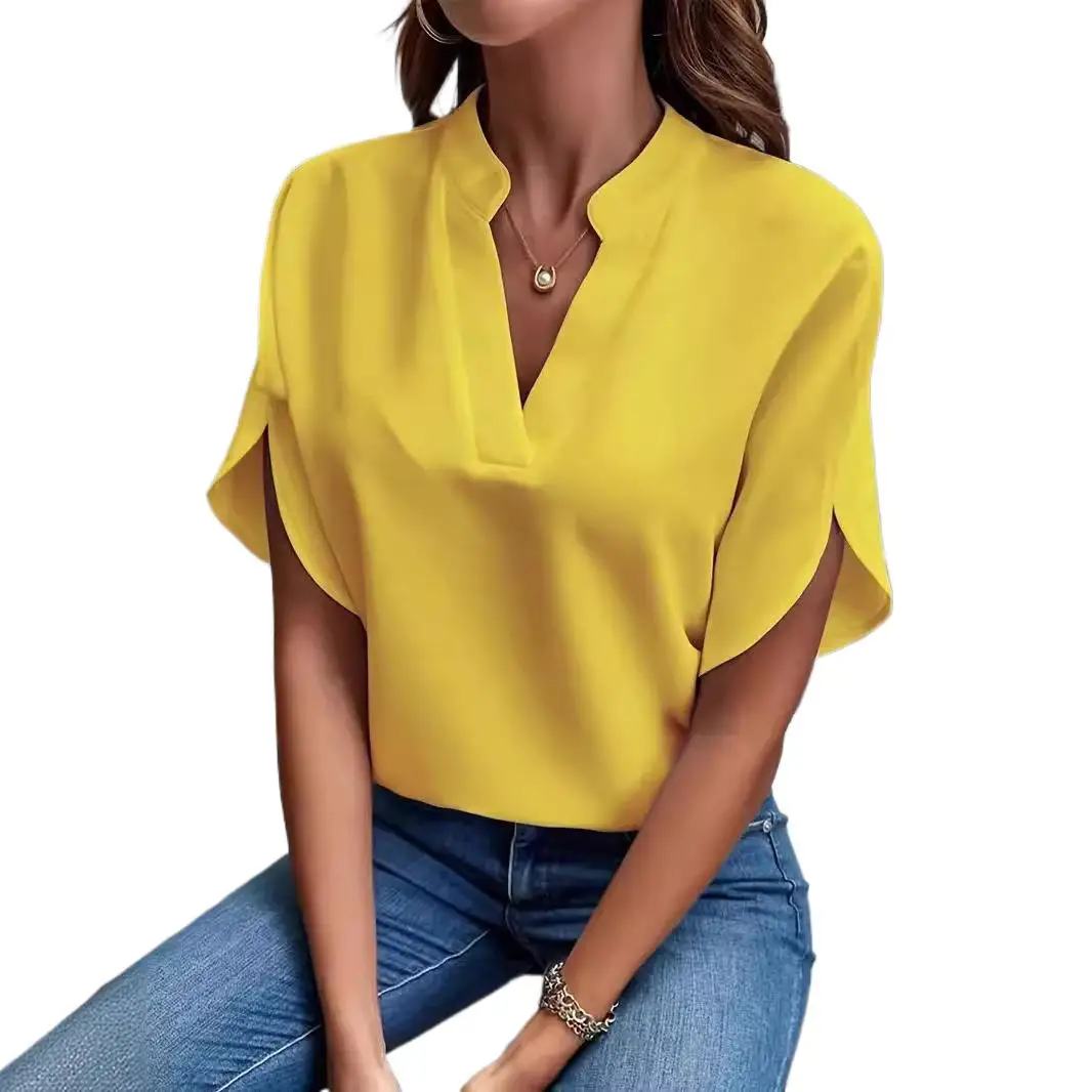 Summer V Neck Short Sleeve Solid Blouse for Women