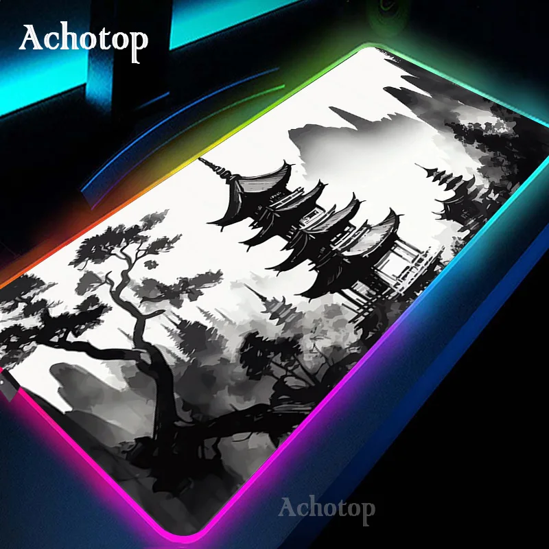 thumbnail image 1 of Alfombrilla de ratón para ordenador portátil RGB en blanco y negro, alfombrilla de ratón para juegos, alfombra grande con teclado de montaña Serenity, alfombrilla de escritorio LED de 100x50 con retro, 1 of 4