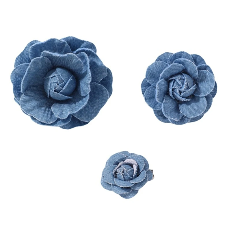 Kamelien Brosche Aus Denim - Elegante Blumen Anstecknadel Für Damen