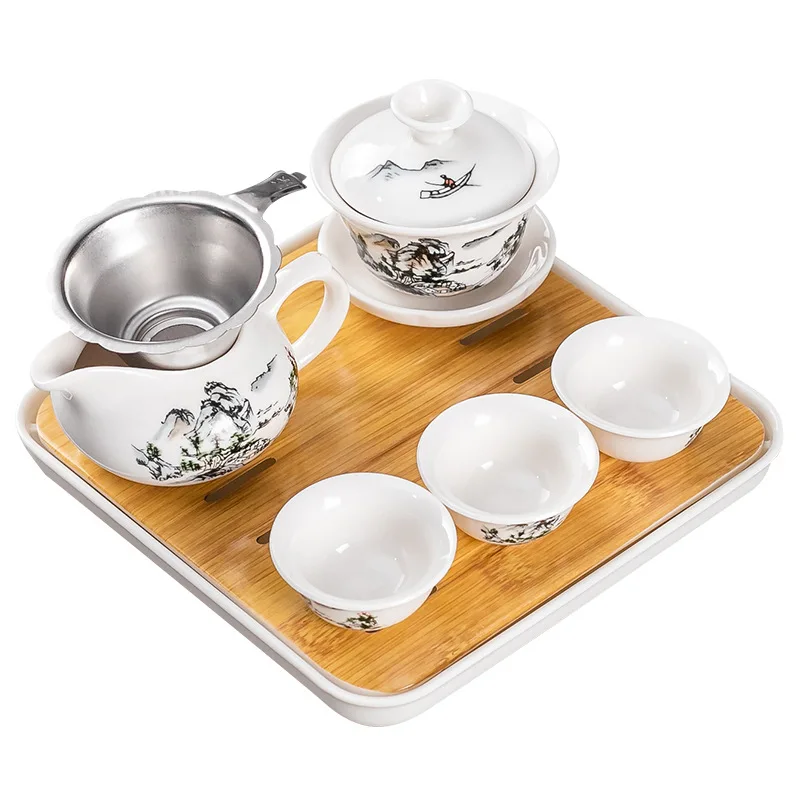 Household Kung Fu Tea Set 1 Cover Bowl 3 Cups with Dry Tray Tea Making and Reception Ceramic Cup Set