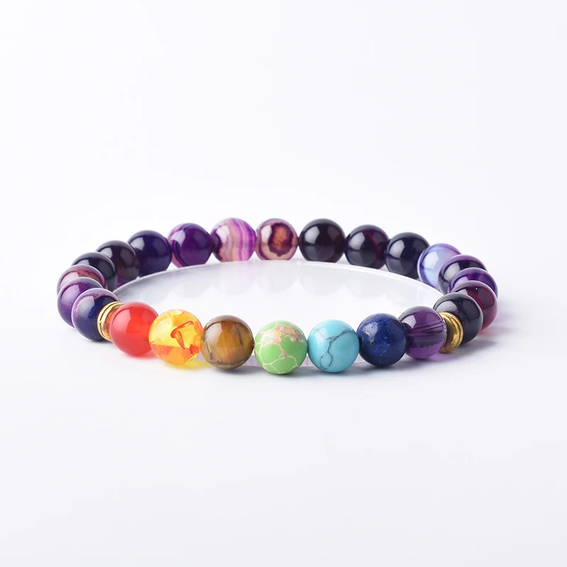 Bracelet 7 Chakras En Pierres Naturelles 8 Mm - Extensible - Jaspe, Améthyste, Oeil De Tigre... - Cadeau Spiritualité Homme Femme