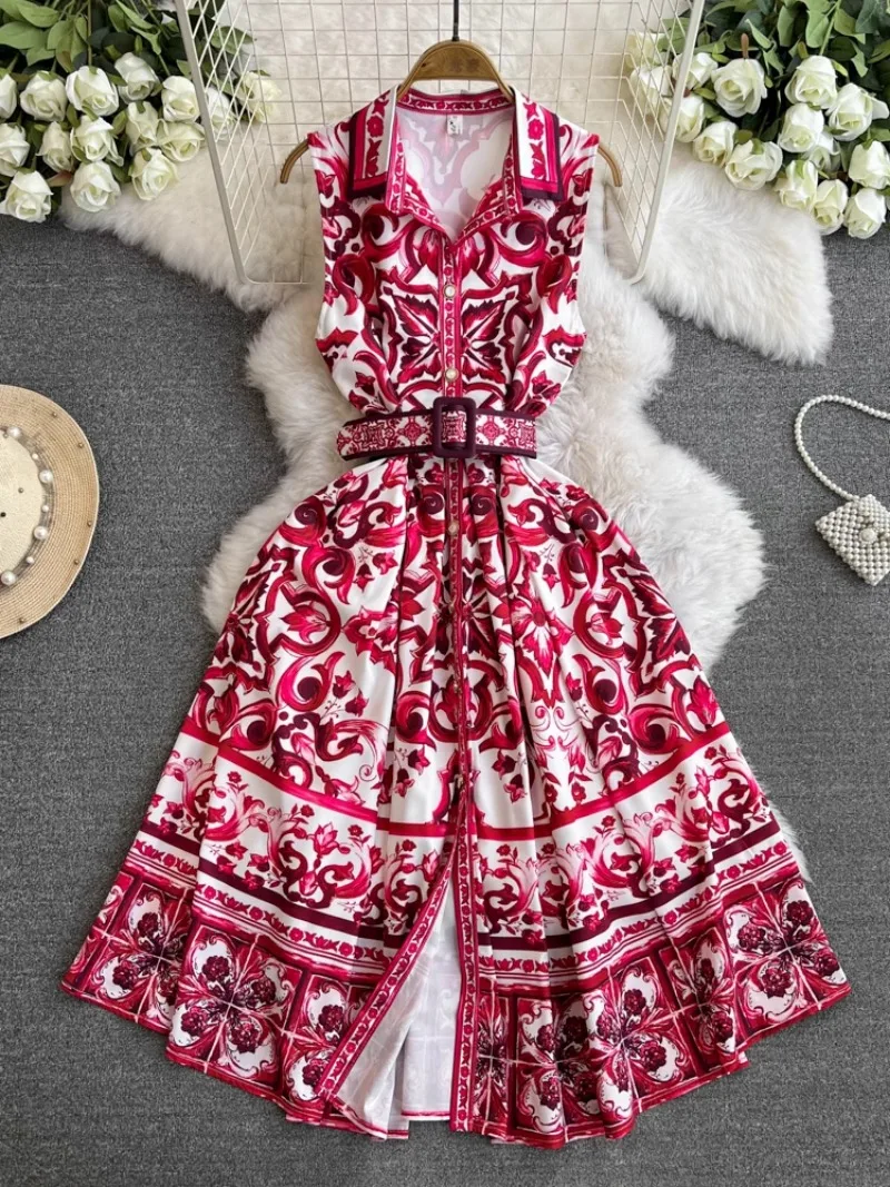 Description Picture 3 of itemHikigawa Chic Fashion Women Summer Vintage Turn Down Collar Sleeveless Dresses Belted Slim Waisat Blue White Print Vestidos