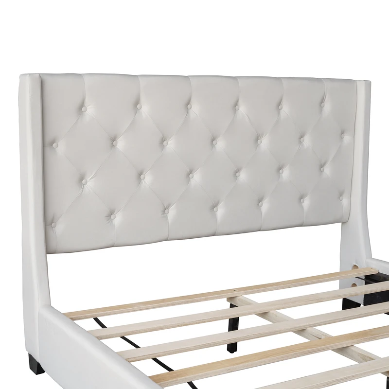 Upholstered Platform Bed with Headboard, Box Spring Needed, Beige Fabric, Bedroom Furniture Queen Size