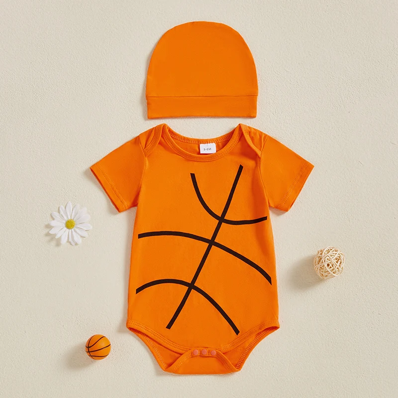 FOCUSNORM 0-12M Newborn Baby Boys Summer Romper Outfits Basketball Print Short Sleeve Round Neck Jumpsuits with Hat 2 Pcs Set 2