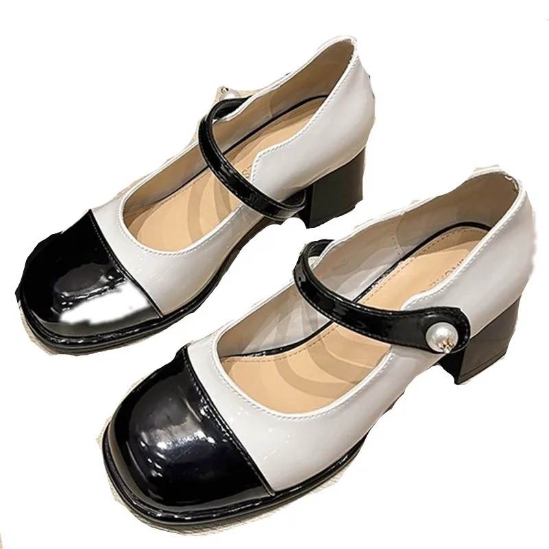 Womens's High Heels 2024 Autumn New Thick Heel Leather Shoes Elegant Dress Splicing Shallow Buckle Strap Ladies Pumps