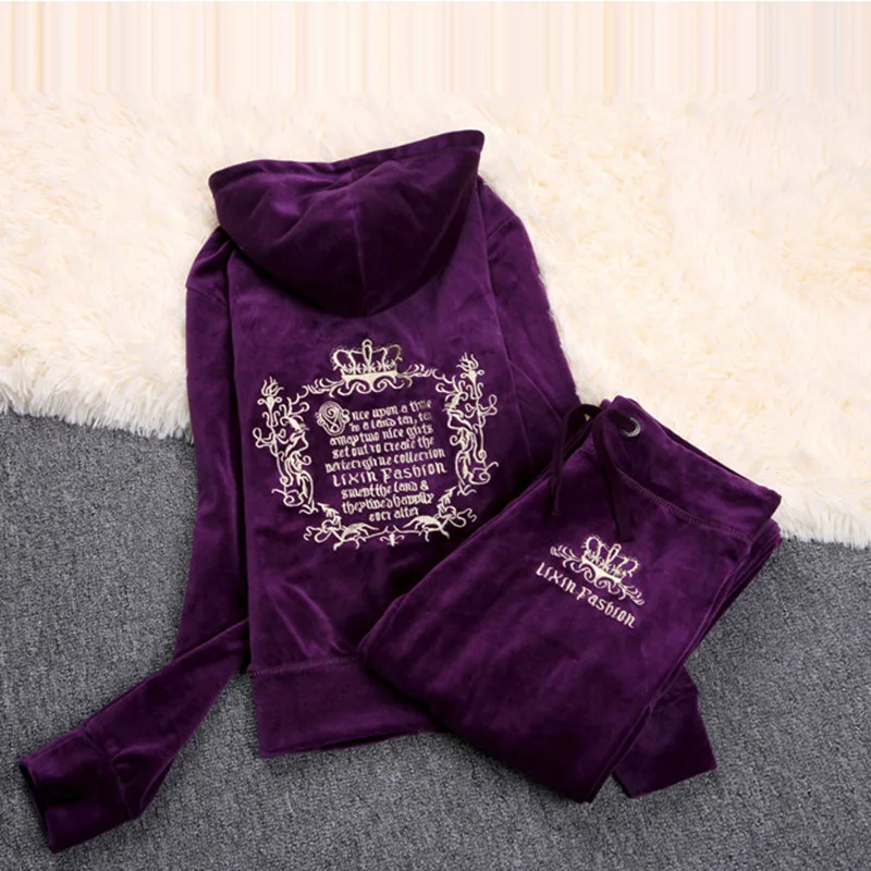 Embroidery Letter Women's Hooded Top and Trousers Set Two Piece Set Fashion Casual Velvet Tracksuit