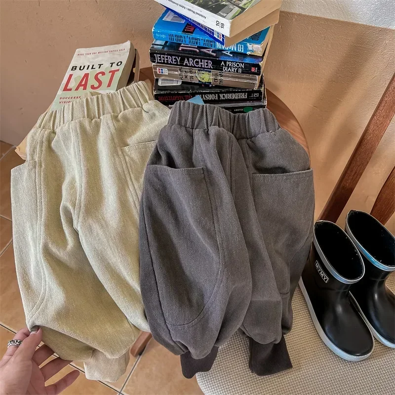 2024 Baby Vintage Pocket Harem Pants Loose Girls Kids Casual Pants Solid Color Boys Kids Fashion Pants Toddler Padded Clothes 1