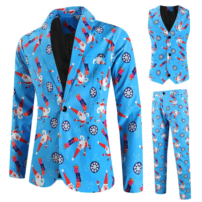 Merry Christmas Printed 3 Piece Suits Sets Men （ Blazers + Vest + Trousers ） Funny Xmas One Button Mens Blazer Set Plus Size 4XL