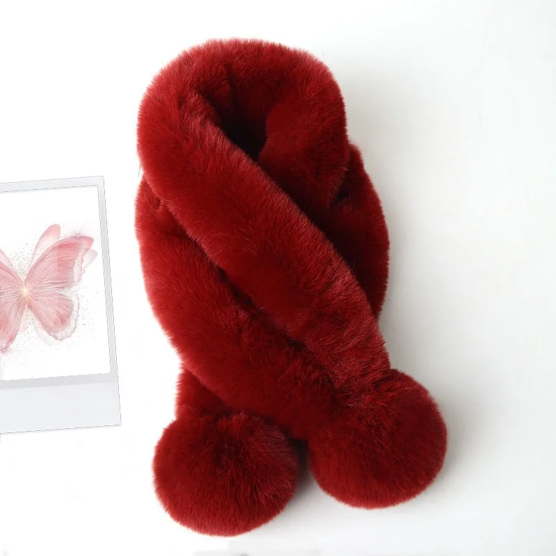 Burgundy imitation rex rabbit fur scarf (double ball)