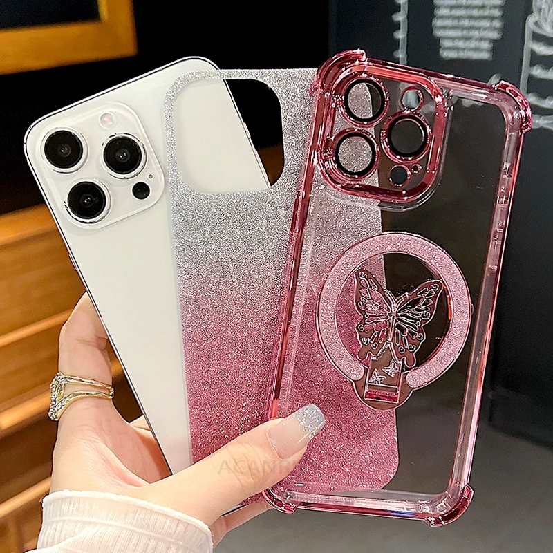 Elegant Butterfly Chain Lanyard Case - Plating Shockproof Silicone with Stand Holder
