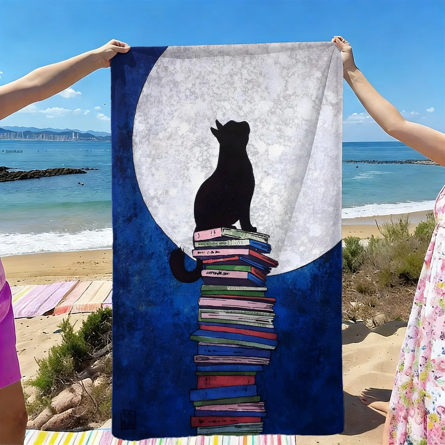 Strandlaken met kat boek en maan patroon absorberende microvezel_voghion.com