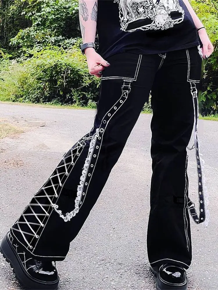 Punk Emo Jeans Women Fairycore Baggy Joggers Tie Up Denim 90s Gothic Emo Cargo Pants Cyber Y2k