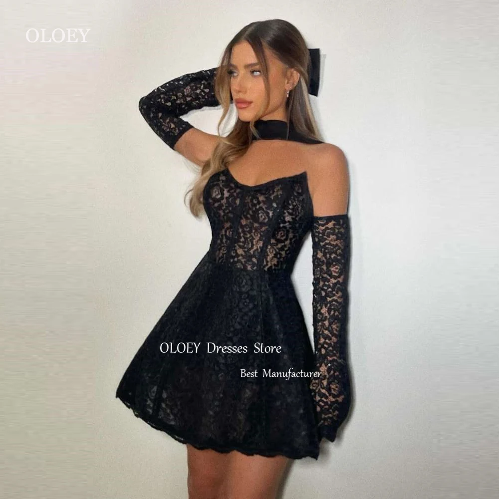 

OLOEY Mini Black Short Full Lace Prom Party Dreses V Neck Sleevess Gloves Cocktail Dress Night Event Formal Gowns