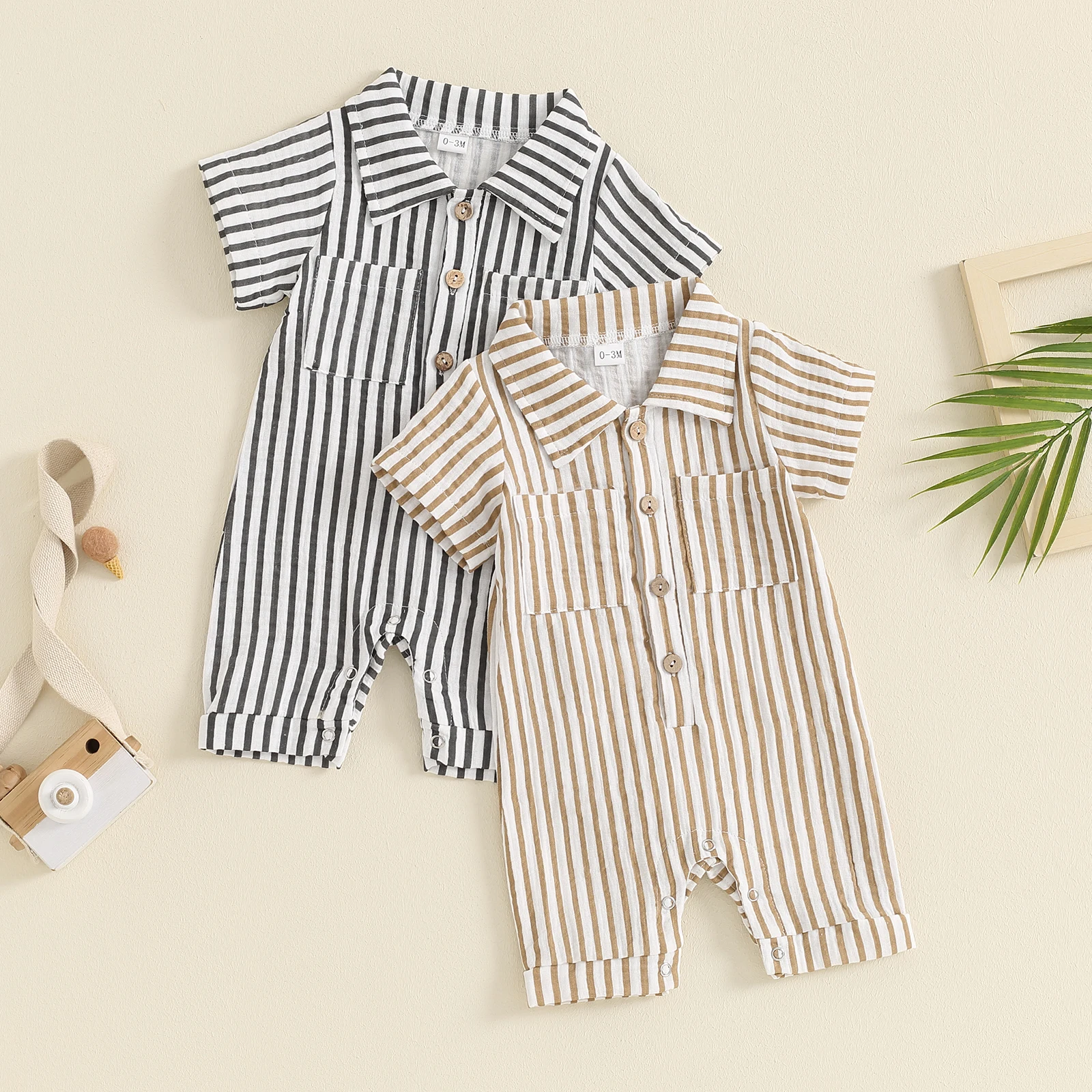 

Baby Boy Striped Button Romper Double Pockets Lapel Neck Short Sleeve Front Single-breasted Hemming Legs Jumpsuit Boys Outfits