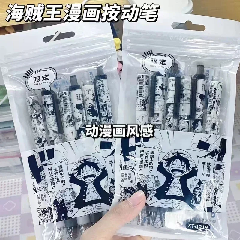 

6pcs/set Cartoon One Piece Gel Pen 0.5mm Black Ink Press Neutral Pen Kawaii Luffy Anime Figures Stationery Set School Supplies