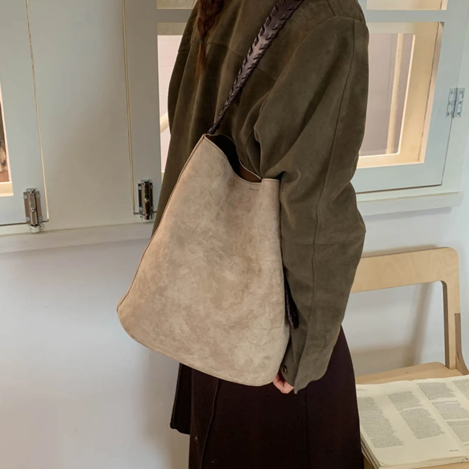 PU Single Shoulder Bag Solid Color Bucket Bag Underarm Bag Casual for Women Ladies Work Travel Commuting