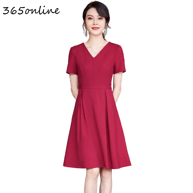 

V-neck Dresses Elegant for Business Women Summer Short Sleeve OL Styles Ladies Work Wear Fashion Dress Beauty Salon Vestidos