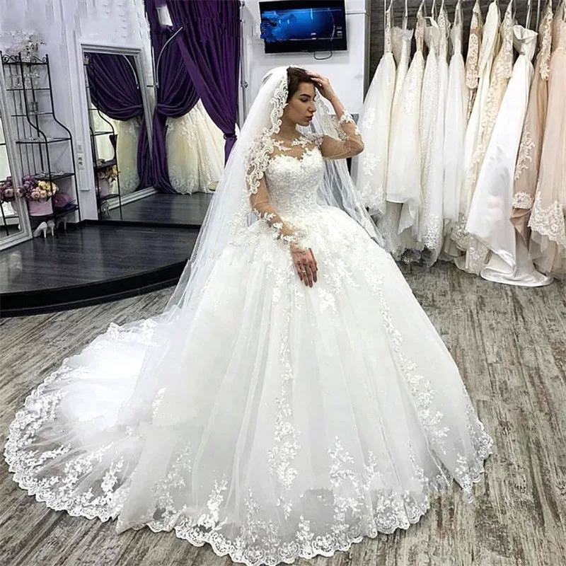 

Elegant Ball Gown Women Wedding Dresses Appliques Long Sleeves Court Train Bridal Gowns Formal Vestido De Noiva robe de mariée