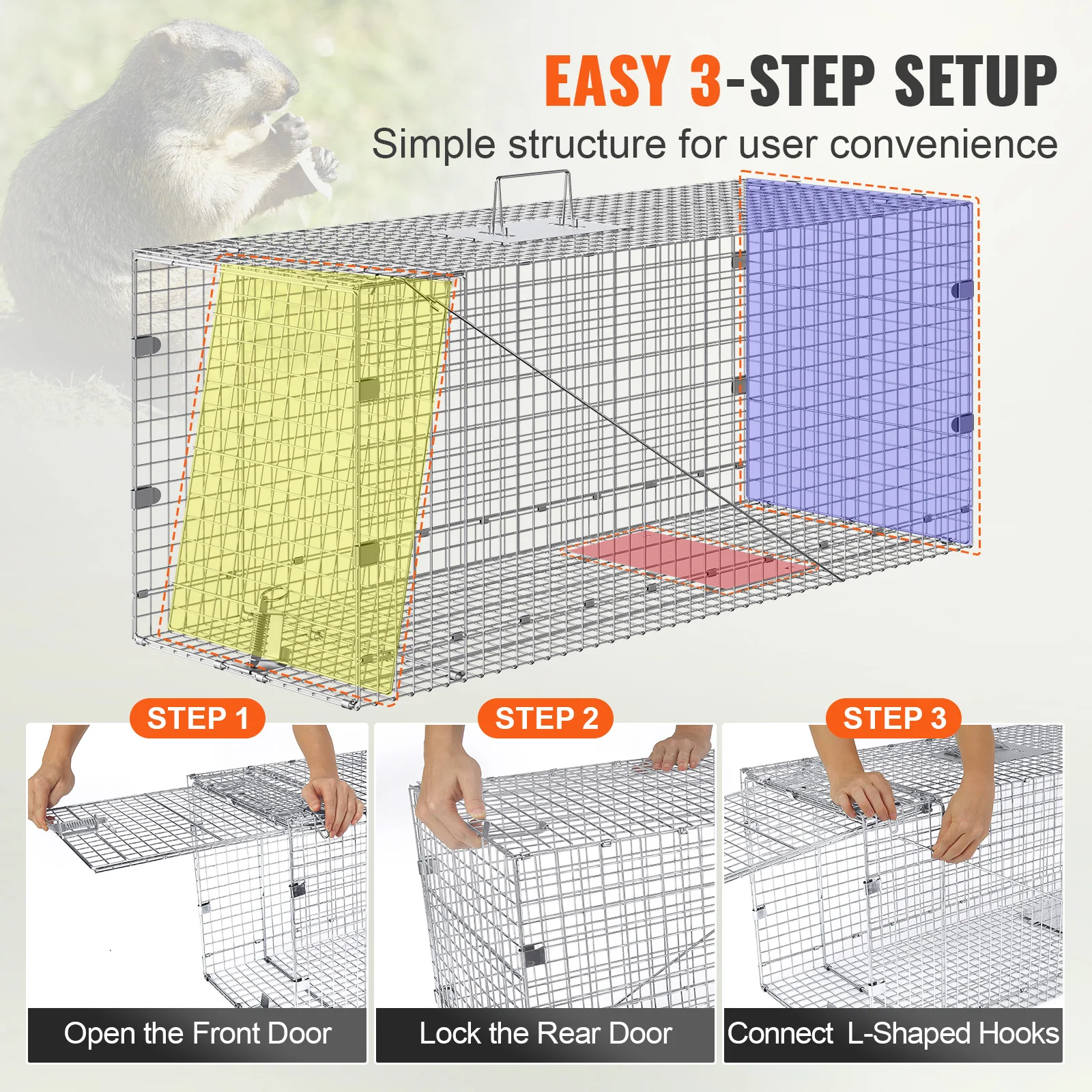 Live Animal Cage Trap 24/31/42/50in Folding Humane Cat Trap Galvanized Iron Handle for Rabbits Squirrels Groundhogs