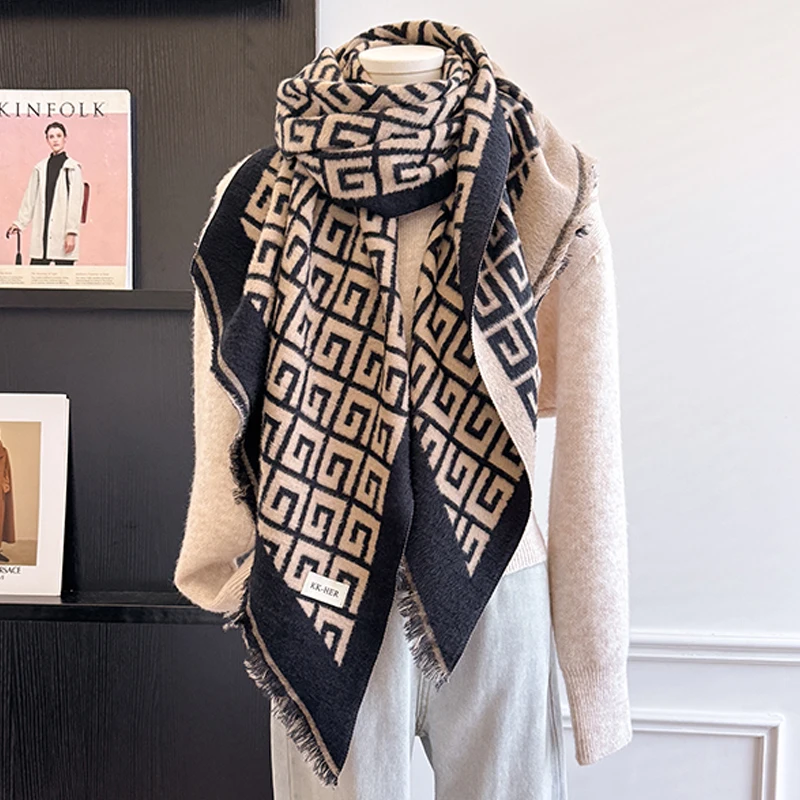 2025 Luxury Brand Women's Cashmere Scarf - Winter Warm Tasseled Allover Geometric Print Pashmina Shawl