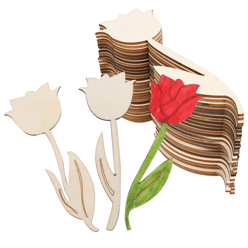 12Pcs Wooden Flower Ornament Unfinished Tulip DIY Painting Crafts Happy Easter Party Spring Home Decoration Kids Gifts Supplies