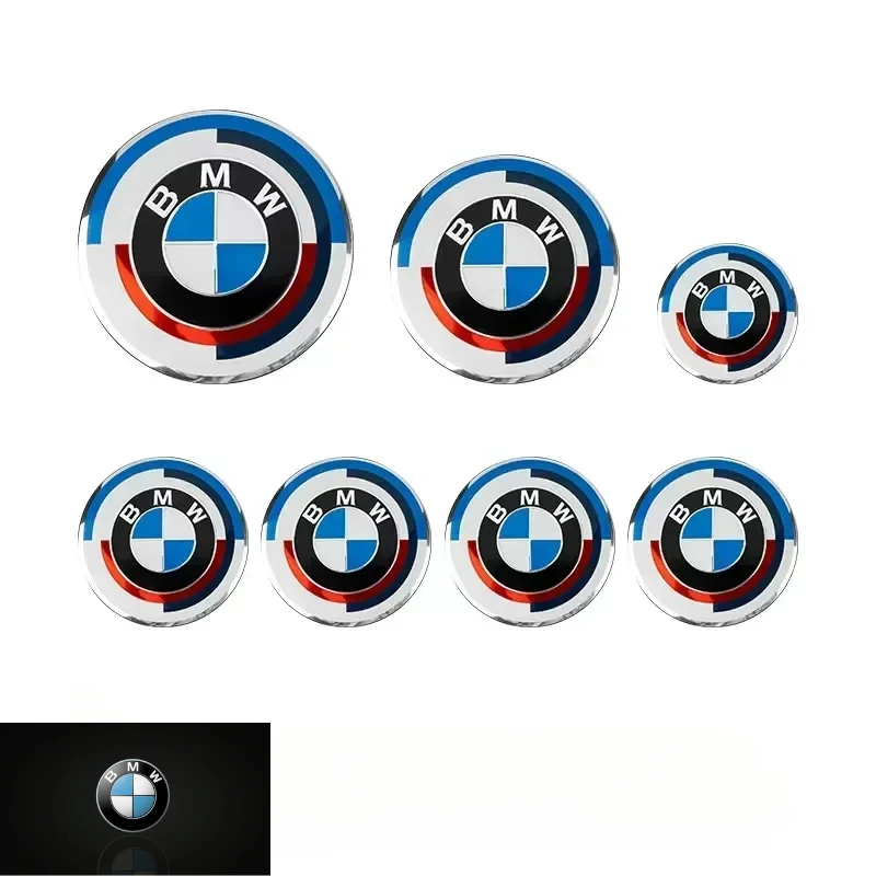 

7Pcs For BMW 50th Anniversary Logo Front Hood Emblem 82mm+Rear Badge 74mm+Wheel Hub Cap 68mm+Steering Wheel Sticker 45mm