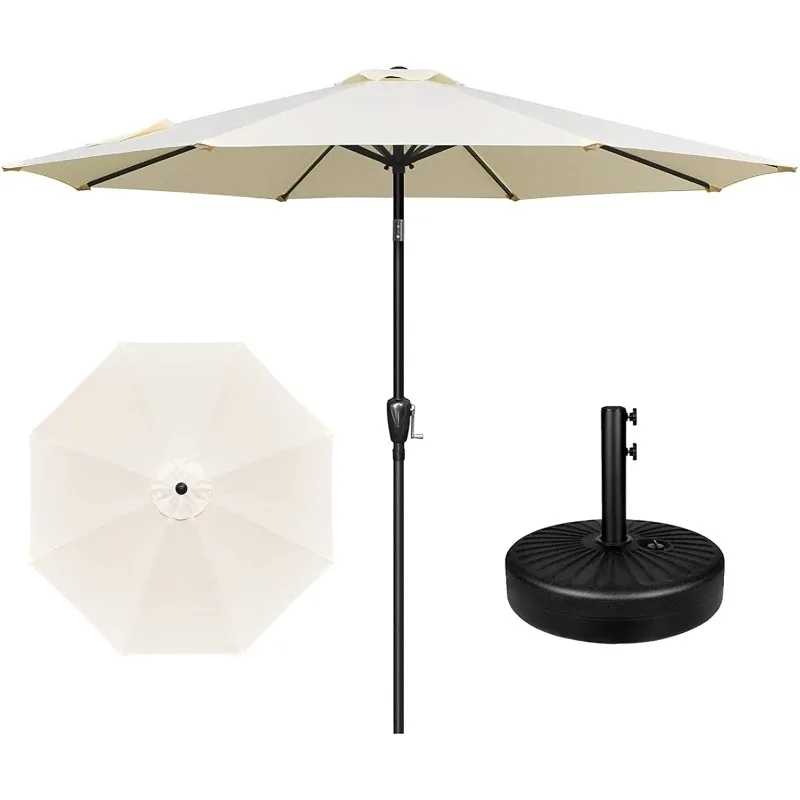 9' Patio Umbrella with 50lbs 20" Capacity Fillable Heavy Duty Round Base, 8 Sturdy Ribs, for Outdoor Lawn, Deck, Poolside