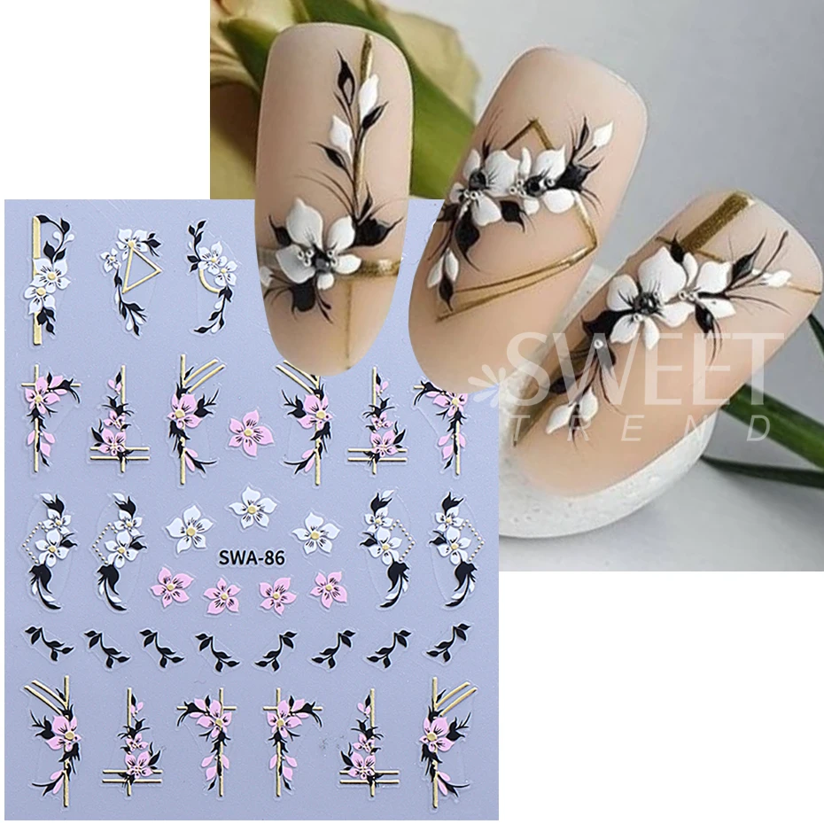 2pcs 3D French Line Flowers Nail Art Stickers Pink White Sakura Petals Florals DIY Spring Summer Elegant Sliders Manicure Decor
